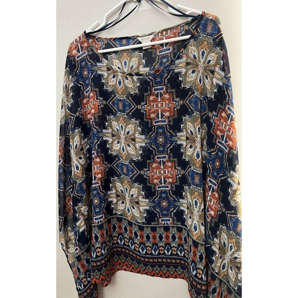 Ariat Blouse Top Womens XL Blue Geometric Aztec Sheer Poncho Cover Up chiffon